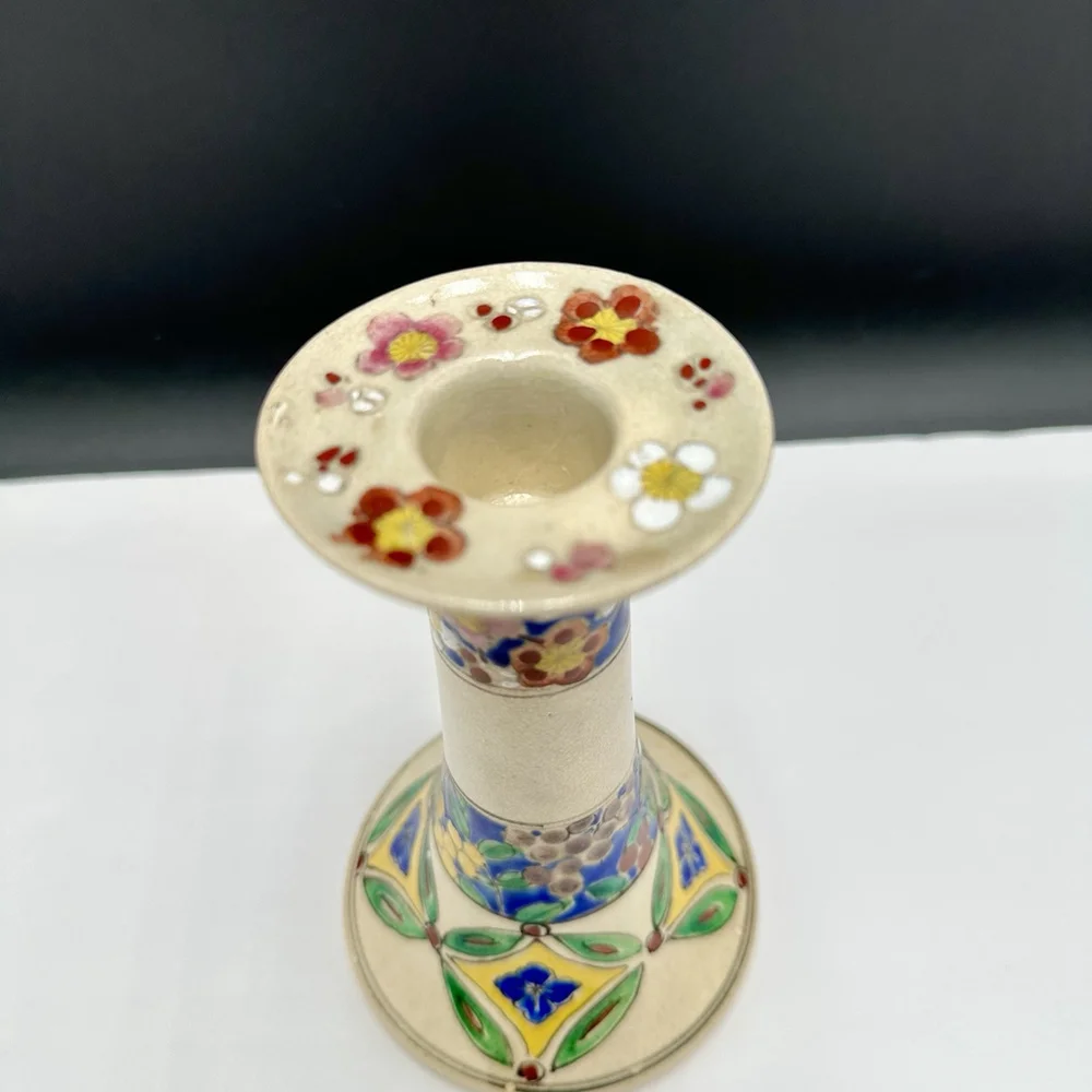 Boho Hand Painted Candlestick Holder 6” Japan Flowers Glazed Ceramic